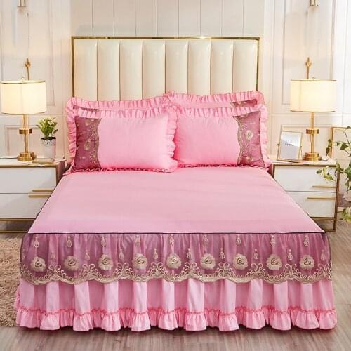 Korea Romantic Lace Bedding Bed Skirt Pillowcase 1/3pcs 100%Cotton Bed Cover Princess Bedspread Home Decorative Queen King Size