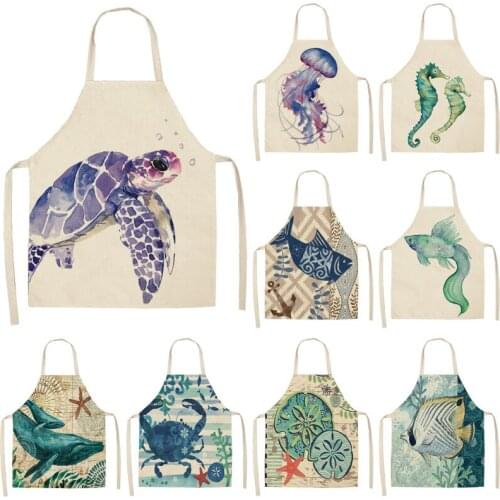 Marine Animals Printed Kitchen Chef Aprons for Women Kids Sleeveless Cotton Linen Bibs Cooking Baking Cleaning Tools 53*65cm