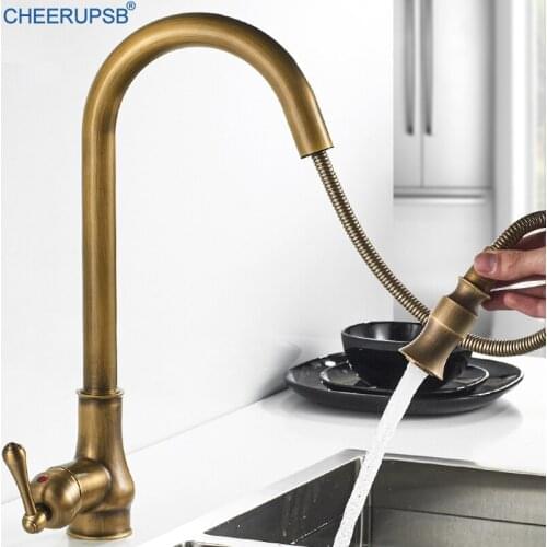 Grifo Fregadero Cocina Kitchen Pull Out Vintage Faucet Antique Gold Hot Cold Stream Water Mixer Tap Deck Mount Flexible Faucets
