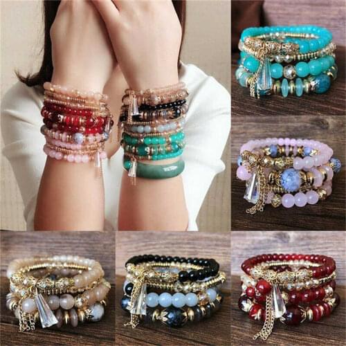 Fashion Boho Bracelets & Bangles Women Stone Beaded Bracelet Set With Colorful Gem Long Wrap Bracelet for Women
