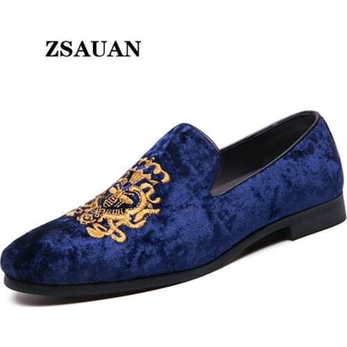 ZSAUAN Flock Men Loafers Embroidery Fashion Casual Men Flats Red Blue Unique Wedding Groomsman Best Man Shoes Dropship 38-45