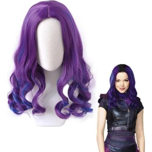 Descendants 3: Good to Be Bad Mal Cosplay Wig Purple Biue Long Curly Synthetic Hair Halloween Party Wigs+ Free Hairnet