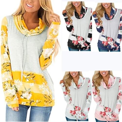 2021 New Womens Pullover Striped And Floral Pattern Cotton Pile Neck Top Fashionable Warm Long-Sleeved Streetwear Loose S-2XL