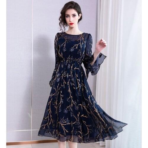 Summer 2019 New Silk Horness Sleeve Lower-waist Temperament Slim Mulberry Silk Dress Mid-long Dresses