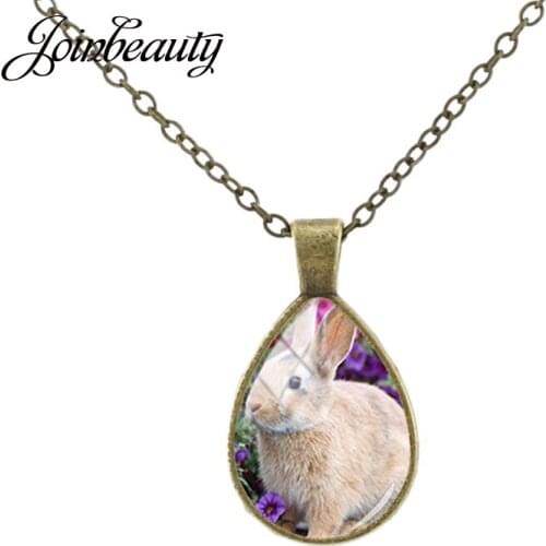 JOINBEAUTY New White Rabbit Family Tear Drop Women Necklace Glass Water Drop Pendant Fashion Simple Birthday Jewelry TX752