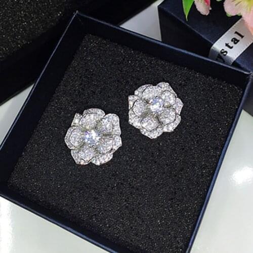 New Wholesale Korean Jewelry White Gold color Cubic Zircon micro paved five leaf flower elegant wedding stud earrings for women