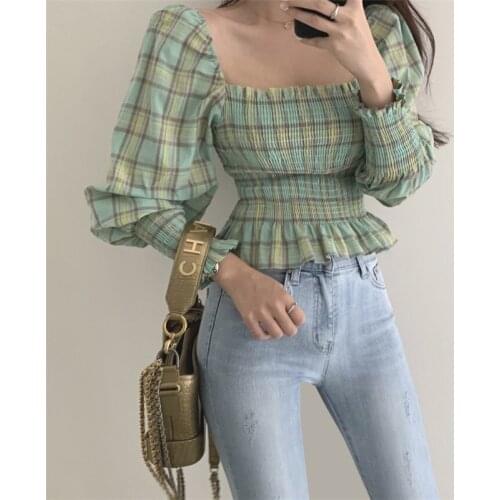 RUGOD 2021 new two-wear puff sleeve plaid long-sleeved shirt temperament slim top