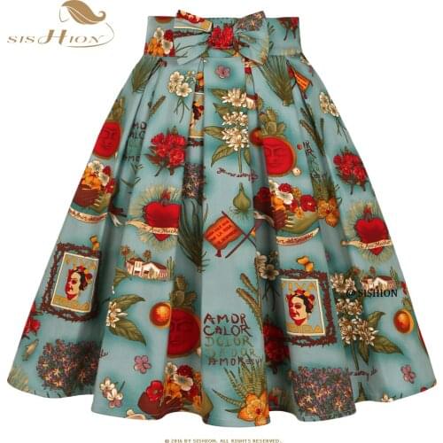SISHION Y2K Elegant Party Midi Pleated Skirt Pockets SS0012 Plus Size Cotton Women Summer 50s 60s Floral Printed Vintage Skirt
