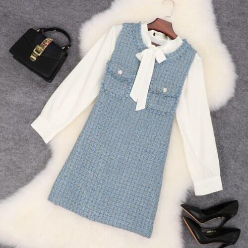 Spring autumn vintage small fragrance tweed vest women beading slin a-line party dress plus size 4XL