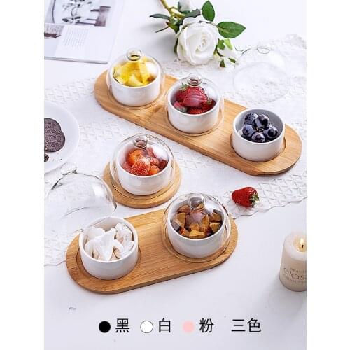 Japanese tableware black ceramic dessert bowl fruit platter creative glass cover household snack plate dried fruit cake plate