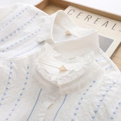 100% Cotton Embroidery Women White Shirts 2021 Summer New Office Lady Ruffles Neck Striped Elegant Outwear Tops