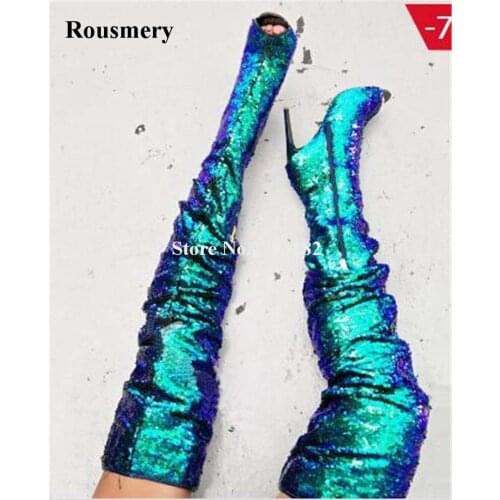 Women Charming Bling Bling Blue Sequined Over Knee Gladiator Boots Open Toe Slim Design High Heel Long Boots Dress Shoes