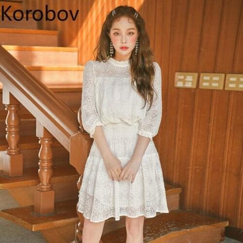 Korobov Korean Chic Stand Collar Lace Women Dress Vintage OL Female Dresses 2020 Summer New Solid Hollow Out Robe Femme