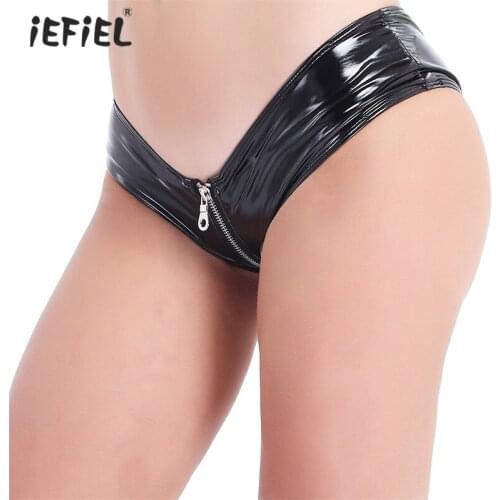 Women Lingerie Shiny Patent Leather Latex Panties Sissy Bikini Briefs Clubwear Low Rise Zipper Open Crotch Sexy Exotic Underwear