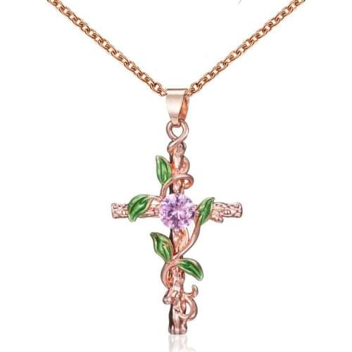 Rose Gold Silver Color Leaves Wrapped Cross Pendant Necklace Crystal Metal Leaf Chain Charm Women Rhinestone Sweater Jewelry