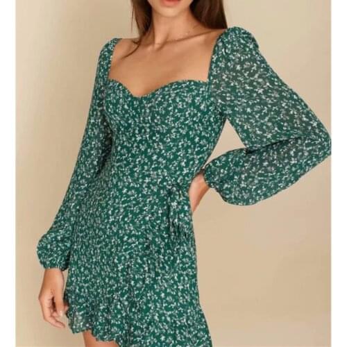 2020 French Women Long Puff sleeve Dress Spliced Ruffles Floral Print Ruffle Hem Short Dresses Green Robes Slim fit Vestido A432