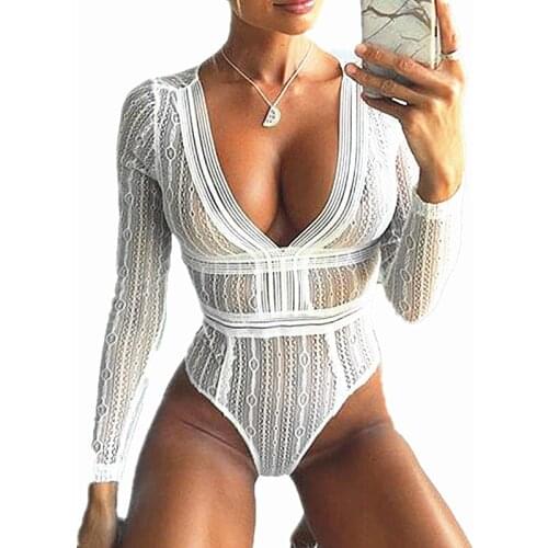 Deep V Neck Lace Mesh Crochet Bodysuit Women Bodycon Romper Jumpsuit Sexy High Street Bodysuits Tops For Women Clothing