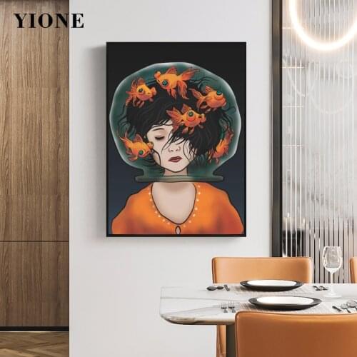 Goldfish Girl Fish Tank Canvas Painting Custom Funny Figure Animal Wall Posters Art Prints Picture for Living Room Bedroom Decor