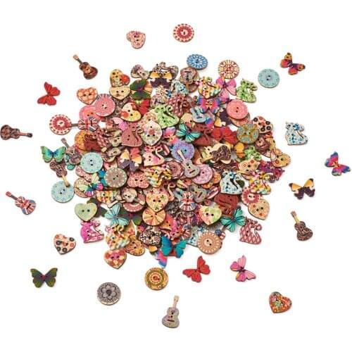 300Pcs Mixed Painting Wooden Button for Crafts Sewing Clothes DIY Assorted Boho Style Decorative Round Cat Heart Butterfly Gitar