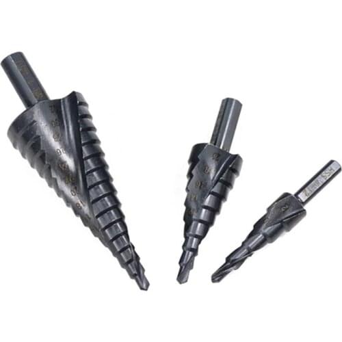 69HF 3 Pieces Black Titanium-Coated Nitrided Spiral Groove Step Drill Bit Set for Perforated Metal Iron Aluminum Brass