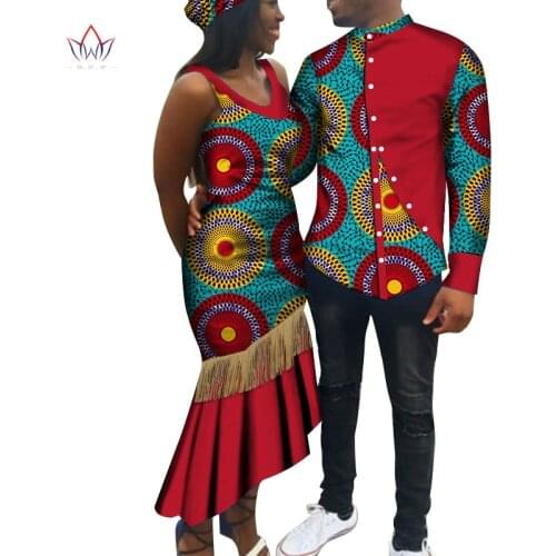 African Print Clothes for Couple Dashiki Elegant Lassel Lady Party Dresses and Men Shirts Cotton African Clothing WYQ446