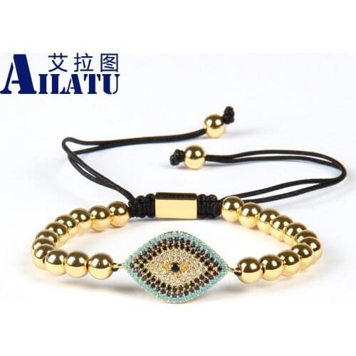 Ailatu Jewelry Wholesale 10pcs/lot 6mm Brass Beads with Exqusite MultiColor CZ Turkish Big Eye Macrame Bracelets