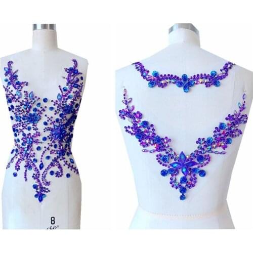 Hand made purple sew on Rhinestones applique on mesh crystal patches trim 50*30/30*20cm for dress back/and front