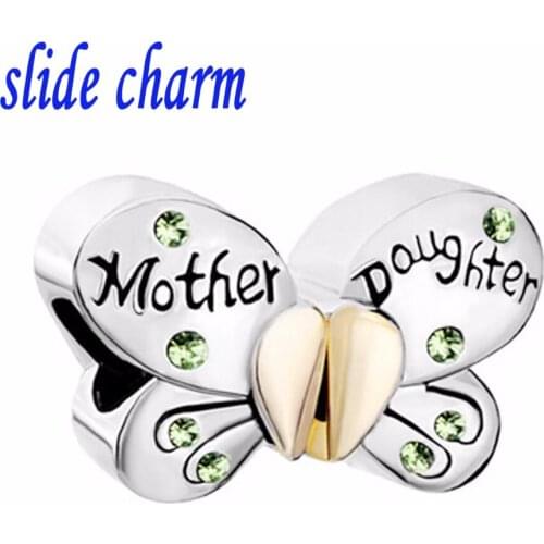 Slide charm Free shipping mother and daughter charm Separable butterfly olivine crystal heart mama