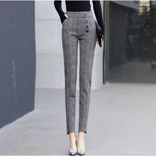 Harun Pants High waist Plaid Pants Small Leg pants Elastic Pencil Pants Women suit pants Plush Without Plush