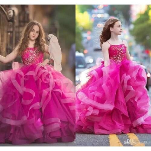 Flower Girl Dresses Spaghetti Lace Ruffles Appliques A Line Ball Gown Sweep Train Girls Pageant Dress Custom Made Kids Formal Go
