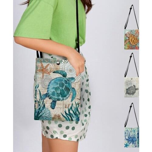 Crossbody Canvas Shoulder Bag Vintage Seahorse Turtle Octopus Print Small Messager Bags Casual Vintage Purse Cloth Bucket Pouch