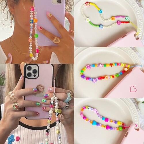 Ins Trendy Colorful Beads Phone Chain Disc Beads Crystal Mobile Phone Anti-Lost Lanyard For Women 2021 New Summer Jewelry
