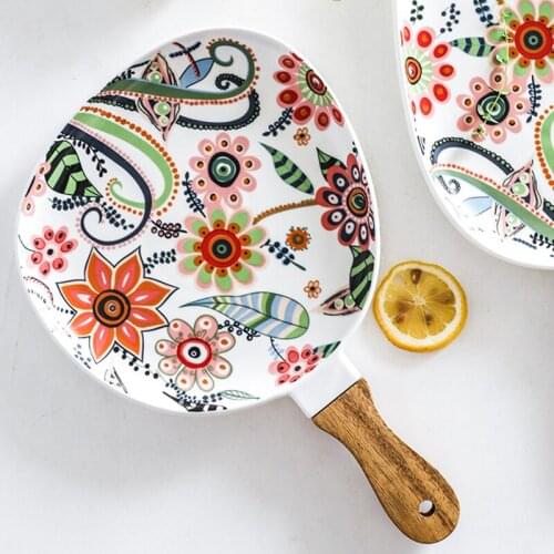 Ceramic Dinner Plate, Handle Ceramic Salad Plate, Colorful Floral Pattern Dessert Sandwich Plate LH