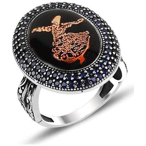 Handmade Mans Enamel Stone Black Gemstone Ring, Mans 925 Silver Ring, Enamel Stone Ring, Silver Handmade Ring,Rumi Ring