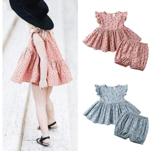 Cute Summer Toddler Girl Clothes Set Ruffle Sleeveless Dress Tops + Print Shorts 2Pcs Outfits Casual Infant Clothing