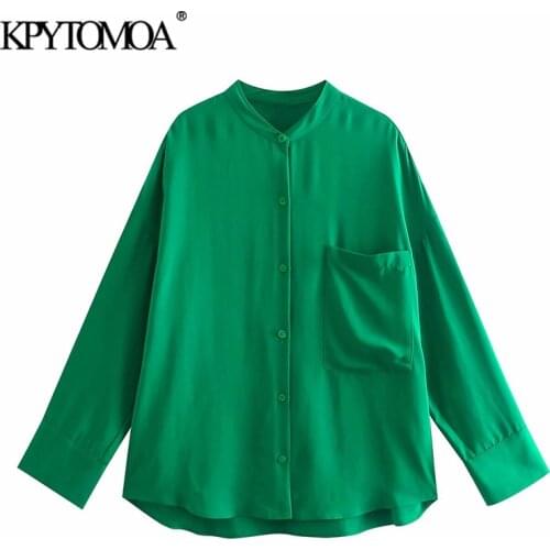 KPYTOMOA Women 2021 Fashion With Pockets Loose Fitting Asymmetry Blouses Vintage Long Sleeve Button-up Female Shirts Chic Tops