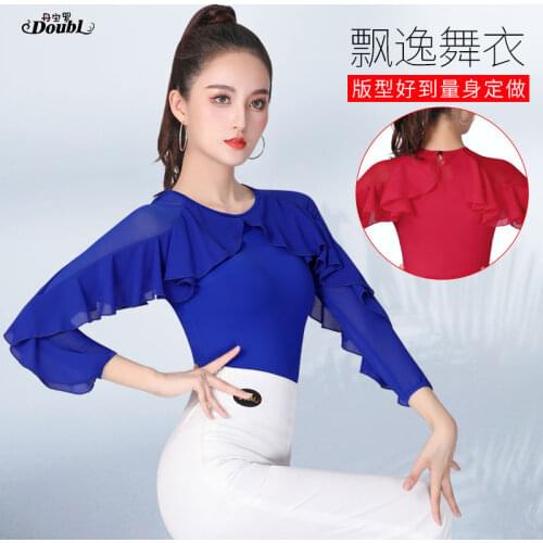 Doubl Beautiful Dance Clothes Ice Silk Gauze Ruffled Sleeves Red National Standard Dance Clothes High-End Female Latin Top