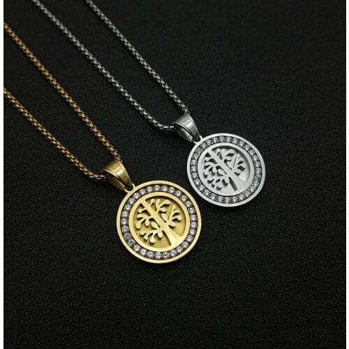 Hip Hop Prong Setting AAA CZ Stone Bling Iced Out Stainless Steel Tree of Life Round Pendants Necklaces for Men Women Jewelry