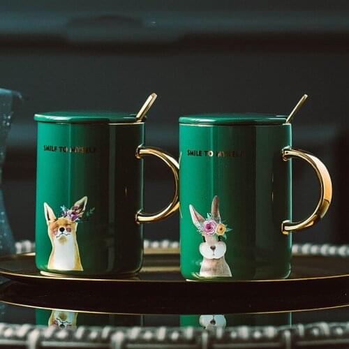 Nordic Gold Handle Animal Mugs With Lid Spoon Simple Creative Retro Ceramic Cup Personality Trend Coffee Green Glaze Cartoon Mug