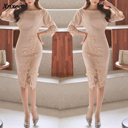 Fashion Elegant Office Lady Dresses Spliced Lacework Slim Package Hip Women Dress Autumn Female Clothing S M L XL Xnxee