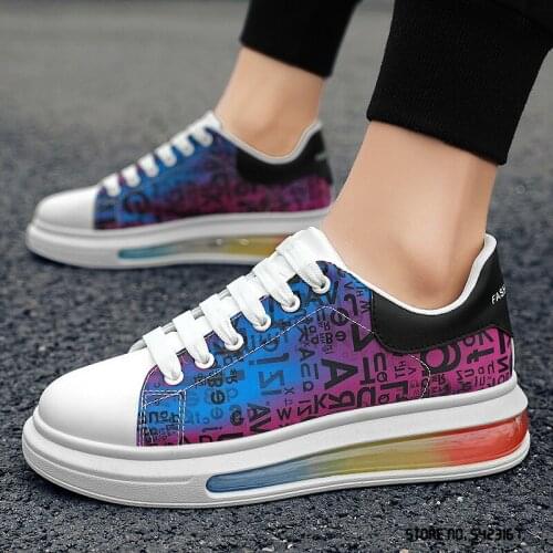 2021 New Arrival Men‘s Streets Graffiti Pattern Leather Air Cushion Casual Shoes Flats Sport Walking Sneakers Zapatos Hombre