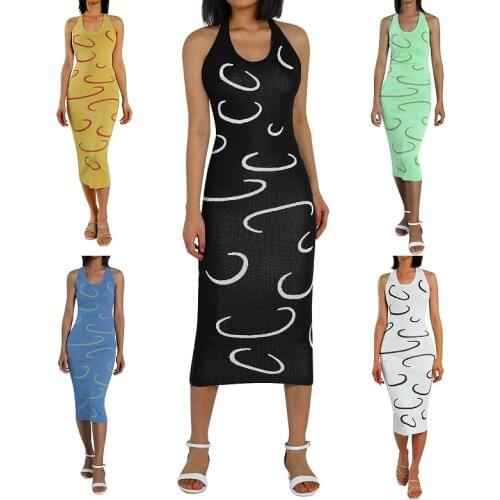 New Summer Dress Woman Girls Sleeveless Strap Bodycon Slim Halter Print Dresses Knitting Clothes