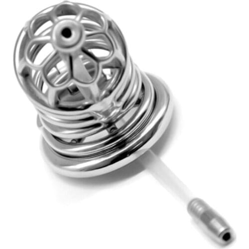 2020 New Metal Chastity Devices Lock Prevent Masturbation Abstinence Penis Cage with Catheter Barbed Anti-off Ring for Men G265F