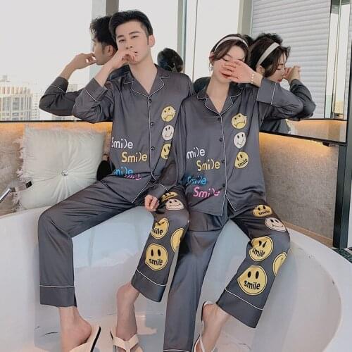 Couple 2PCS Smile Print Pajamas Suit Gray Sleepwear Spring Autumn Satin Home Wear Lounge Turn-down Collar Shirt&Pant Nightwear
