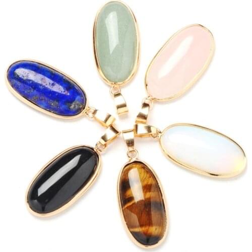 Genuine Big Stone Necklace Color Plated DIY Oval Gem Stone High Grade Charm with Chain
