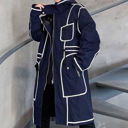 Mid-length Casual Men Coat Long Jacket Line Splicing Men Long Trench Coats Abrigo Hombre 2021Autumn Winter Windbreaker Coat Men