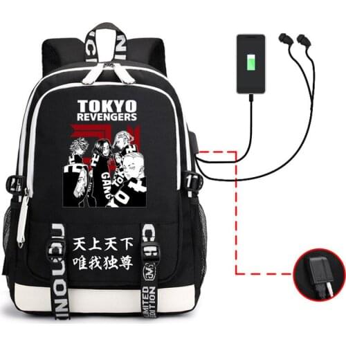 Tokyo Revengers Casual Backpack USB Charging Headphone Canvas Cartoon Zip Travel Laptop Bag Teenager Schoolbag Student Packsack
