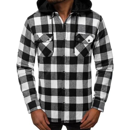 Mens Casual Plaid Shirts Streetwear hooded Long sleeve Camicias Fashoin Autumn Pocket Cardigan Loose Single Breasted Blouse Top