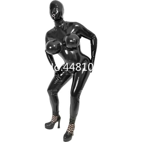 Sexy Black Womens Catsuit with Inflatable 3D breast Full Bodysuit&Mask hood and Gloves Rubber Teddies Lingerie one piece Fetish