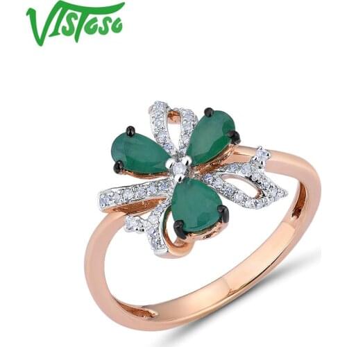 VISTOSO 14K 585 Rose Gold Ring For Women Magic Emerald Sparkling Diamond Engagement Anniversary Elegant Shining Fine Jewelry